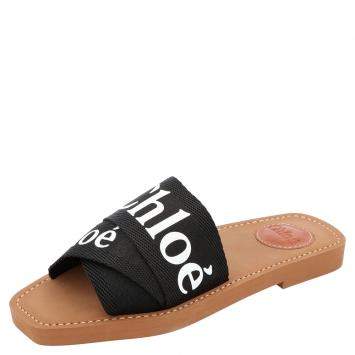 مملوكة مسبقًا Chloe Black Canvas 'Woody' Logo Print Strap Sandals Size 36
