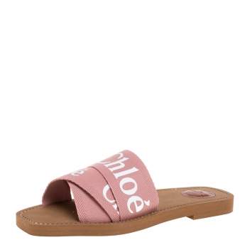 مملوكة مسبقًا Chloe Pink Canvas Logo Ribbon Woody Flat Slide Sandals Size 39