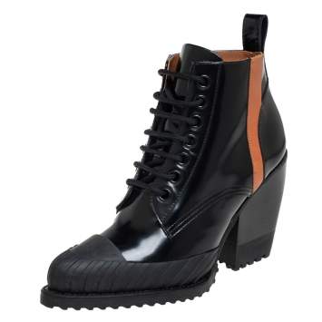 Pre Owned Chloé Black Leather And Rylee Rubber Cap Toe Lace Up Ankle Boots Size  40