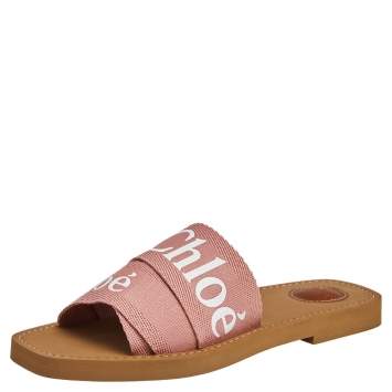 Pre Owned Chloe Pink Fabric Woody Logo Flat Slides Size 38
