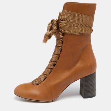 Pre Owned Chloe Brown Leather Harper Block Heel Ankle Boots Size 38