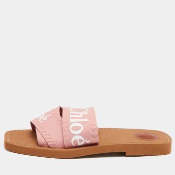 Pre Owned Chloe Pink Canvas Logo Ribbon Woody Flat Slide Sandals Size 40