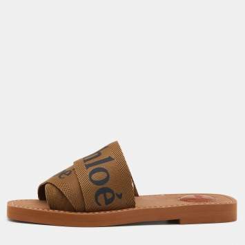 Pre Owned Chloe Brown Canvas Logo Ribbon Woody Flat Sandals Size 35