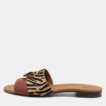 Pre Owned Chloe Tricolor Leather and Animal Print Calf Hair Flat Slides Size 42