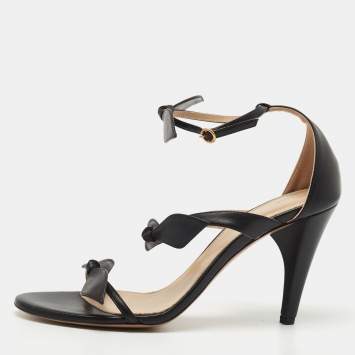Pre Owned Chloe Black Leather Three Bow Mike Ankle Strap Sandals Size 39.5