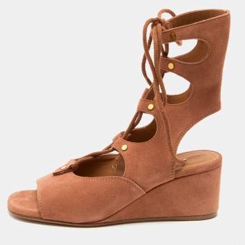 Pre Owned Chloe Brown Suede Caged Tie Up Ghillie Wedge Sandals Size 36
