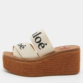 Pre Owned Chloe Beige Logo Print Canvas Woody Wedge Slide Sandals Size 35