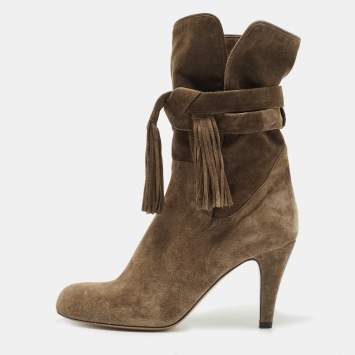 Pre Owned Chloe Brown Suede Tassel Tie Ankle Booties Size 38