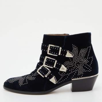 Pre Owned Chloe Navy Blue Studded Velvet Susanna Boots Size 38.5