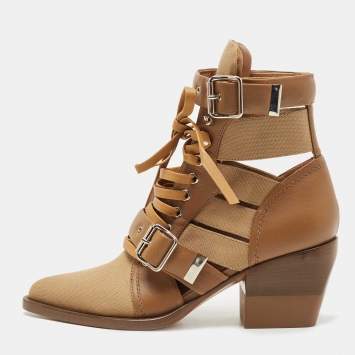 Pre Owned Chloe Brown Leather and Canvas Rylee Cut Out Buckle Detail Ankle Boots Size 38.5