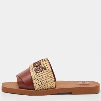 Pre Owned Chloe Brown/Beige Leather and Woven Raffia Woody Flat Slides Size 39
