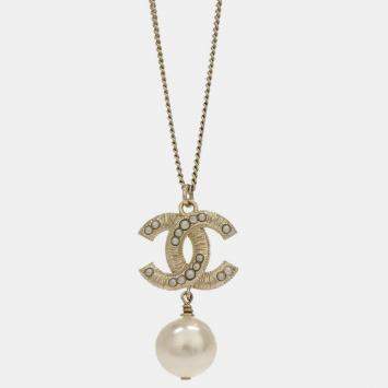 Pre Owned Chanel CC Chain Pendant Necklace Gold Artificial Pearl