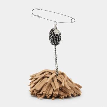 Pre Owned Chloé Beige Suede/Crystals and Silver Tone Metal Fringes Brooch