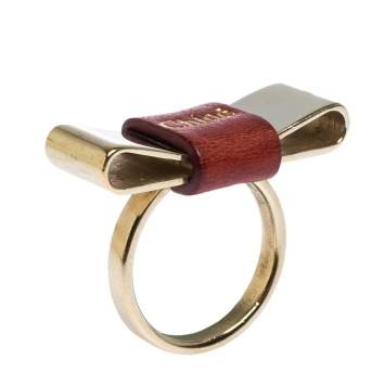 Pre Owned Chloe Leather Bow Motif Gold Tone Ring Size 54