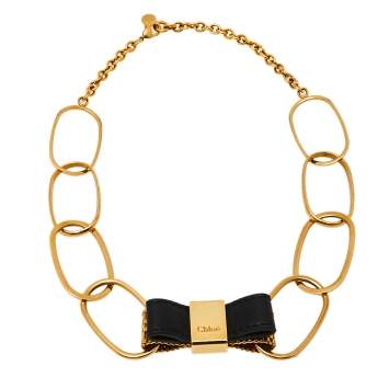 Pre Owned Chloe Gold Tone Metal Leather Bow Detail Chain Necklace