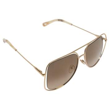 Pre Owned Chloe Gold/Brown CE130S Mirrored Aviator Sunglasses