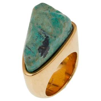Pre Owned Chloe Green Natural Stone Gold Tone Ring Size 54.5