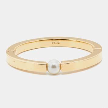 Pre Owned Chloe Gold Tone Faux Pearl Darcey Cuff Bracelet L