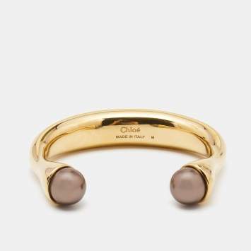 Pre Owned Chloé Darcy Grey Faux Pearl Gold Tone Open Cuff Bracelet