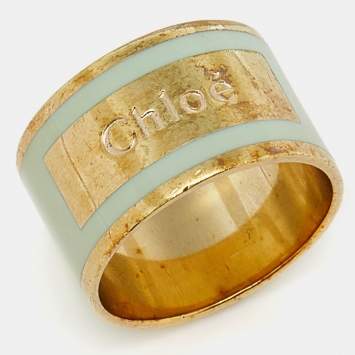 Pre Owned Chloé  Mint Green Enamel Gold Tone Band Ring Size EU 53