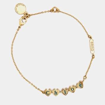 Pre Owned Chloé Gold Tone Logo Heart Chain Bracelet