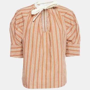 Pre Owned Chloe Brown Stripe Print Silk Neck Tie Up Top M