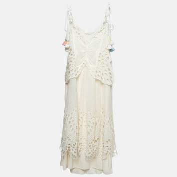 Pre Owned Chloe Off White Mesh and Broderie Anglaise Midi Dress L