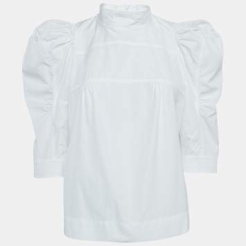 Pre Owned Chloe White Cotton Puff Sleeves High Neck Blouse L