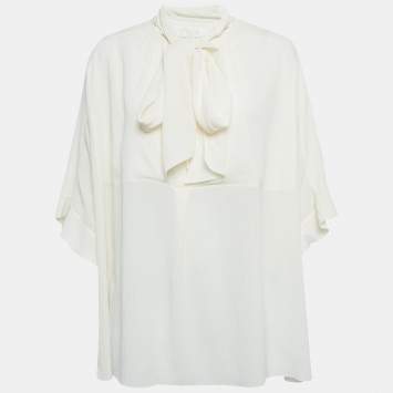 Pre Owned Chloe Cream Textured Silk Crepe Tie-Up Neck Tunic L