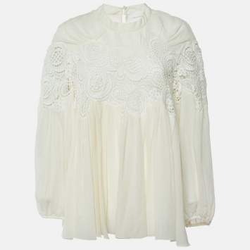 Pre Owned Chloe Cream Silk & Lace Trim Flared Top L