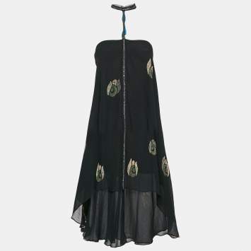 Pre Owned Chloe Black Printed Silk Strapless Mini Dress M
