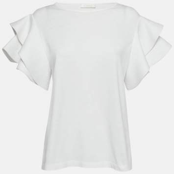 Pre Owned Chloe White Cotton Knit Ruffled Sleeve Top S