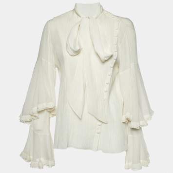 Pre Owned Chloe Iconic Milk White Cotton Blend Ruffled Tie-Up Neck Blouse L