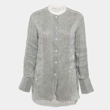 Pre Owned Chloe Blue/White Striped Linen Blend Long Sleeve Shirt M