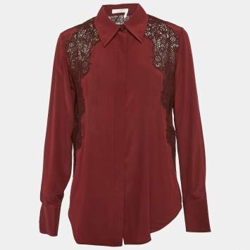 Pre Owned Chloe Smoked Red Lace Trim Silk Shirt S