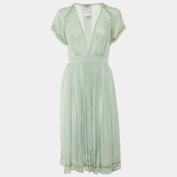 Pre Owned Chloe Light Green Silk Sheer Midi Dress S