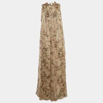 Pre Owned Chloe Pale Nude Beige Printed Lurex Fil Coupe Crepe Maxi Dress S