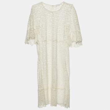Pre Owned Chloe Eggshell White Guipure Lace Sheer Knee Length Dress M