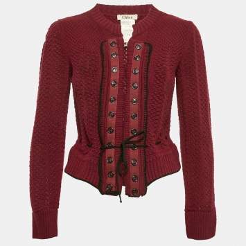 Pre Owned Chloe Vintage Burgundy Wool Knit Hook Front Cardigan M