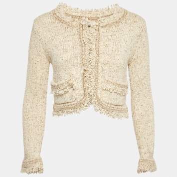 Pre Owned Chloé Cream Knit Fringed Cardigan M