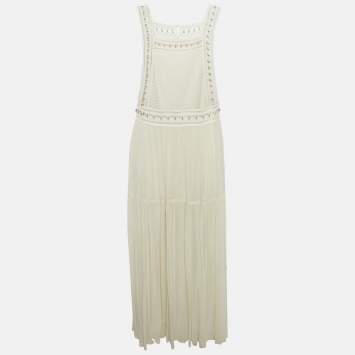 Chloé Milk White Lace and Crepe Silk Metal Ring Detail Maxi Dress M