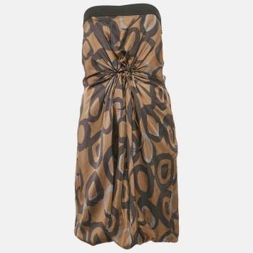 Pre Owned Chloe Green Printed Silk Knit Detail Strapless Short Dress M