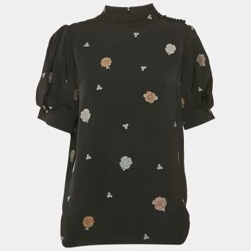 Chloé Black Brocade Puff Sleeve Top L