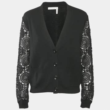 Pre Owned Chloé Black Wool and Lace Button Front Cardigan M
