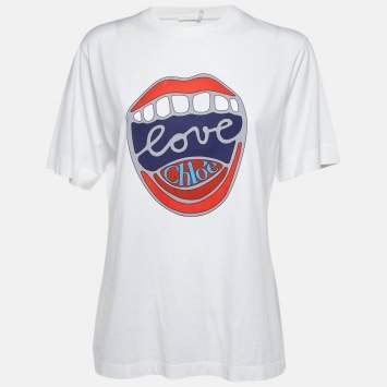 Pre Owned Chloe White Pop Art Print Cotton Crew Neck T-Shirt S