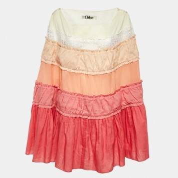 Pre Owned Chloe Pink/Cream Cotton & Silk Tiered Kaftan Tunic M