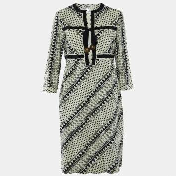 Pre Owned Chloe Black Printed Cotton Tie Detail Midi Dress L