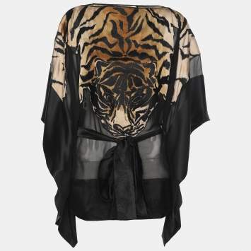 Chloe Beige/Black Satin Tiger Embroidered Belted Kaftan Blouse M
