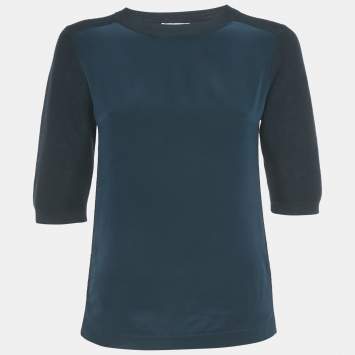 Pre Owned Chloe Black Navy Wool Knit and Silk Crew Neck Top XS