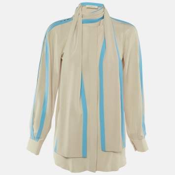 Pre Owned Chloé Light Beige/Blue Silk Tie Detail Blouse S